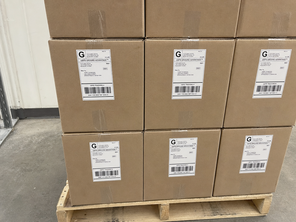 A warehouse pallet of boxes, each with a shipping label